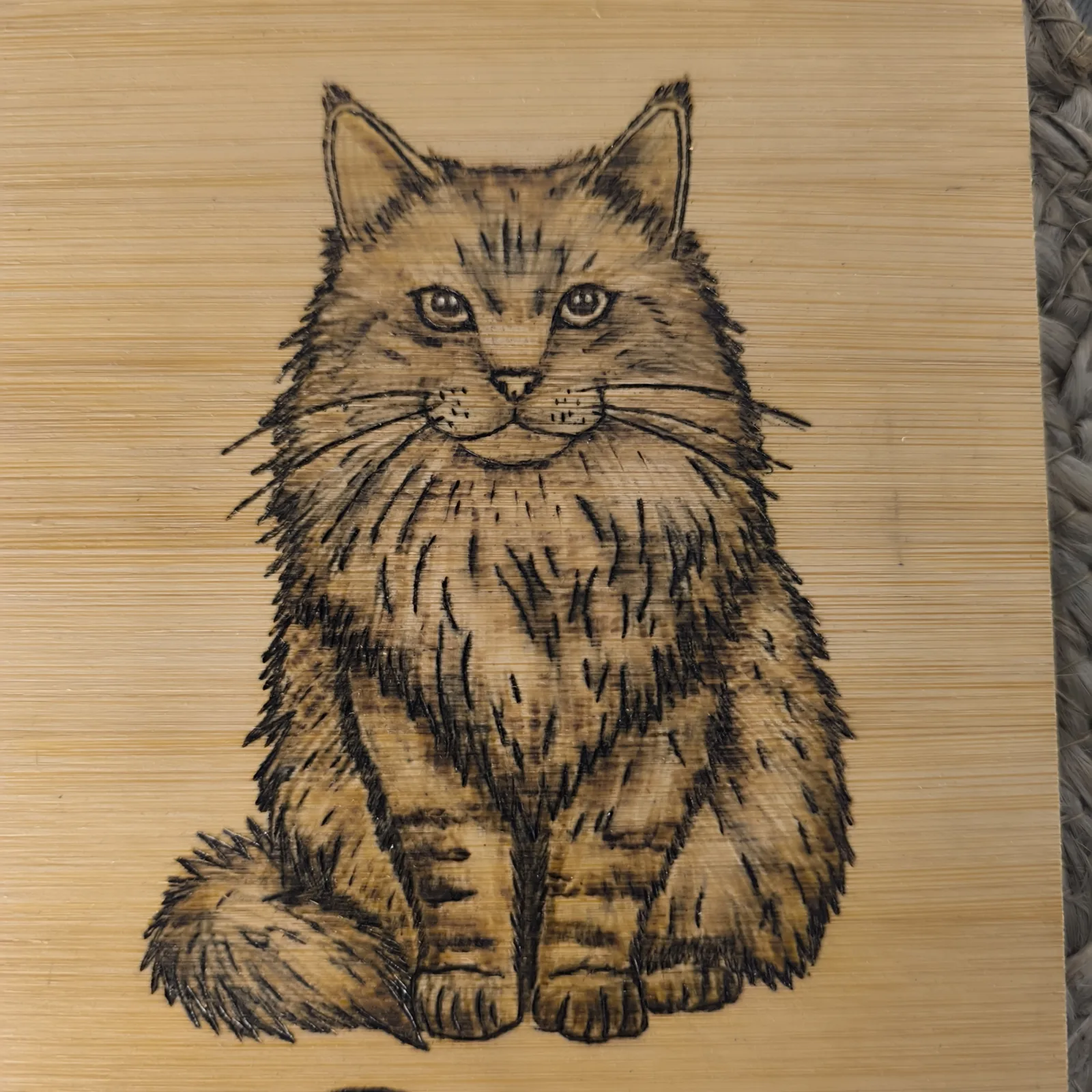 Detailansicht der eingebrannten Katze auf einem Bambusbrettchen.